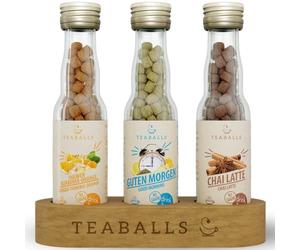 Teaballs Juego de té Feel Good con 3 x jengibre y naranja cúrcuma,chai latte,buenos días + soporte de madera,juego de regalo de aproximadamente 90 - 225 tazas de té orgánico caliente sin azúcar