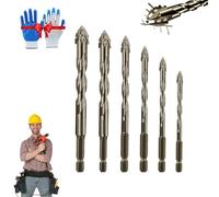 Teachbrigh New Four-Flute Sawtooth Eccentric Drill Bit Set,Glass Drill Bit Four Blade Serrated Eccentric Drill,1/4" Hex Shank,Skewed Head Design for Glass,Tile,Concrete & Metal (1Set-6Pcs)