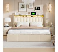 Teahutty - Cama acolchada (140 x 200 cm, marco de cama con iluminación LED y puertos de carga, cabecera con almacenamiento hidráulico, marco con clavos decorativos de metal (blanco, 140 x 200)