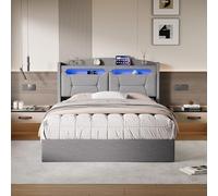 Teahutty - Cama de 140 x 200 cm, con baúl de almacenamiento, cama acolchada para 2 personas con iluminación LED y puerto USB, marco de camas doble para adultos adolescentes, con cabecera, lino (gris
