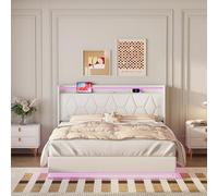 Teahutty Cama de almacenamiento hidráulico de 140 x 200 cm con iluminación LED, cama tapizada, marco de cama doble con USB y tipo C, cama juvenil con cabecero multifuncional, sin colchón (blanco, 140
