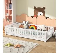 Teahutty Cama en el suelo 90 x 200 cm, con puerta y protección contra las caídas y somier Montessori Cama, con barrotes para niños, adolescentes, madera maciza (blanco, 90 x 200 cm)