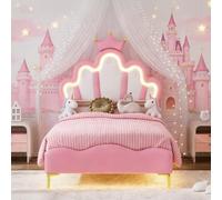 Teahutty - Cama infantil (90 x 200 cm, cama infantil acolchada con luz ajustable, para niña adolescente con cabeza de flor y somier de láminas, somier de madera (rosa, 90 x 200 cm)