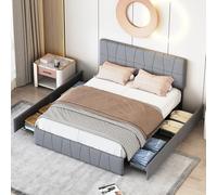 Teahutty Cama tapizada de 140 x 200 cm, cama doble con 4 cajones y cabecero regulable en altura, cama juvenil con espacio de almacenamiento, cama funcional con respaldo, estructura moderna de