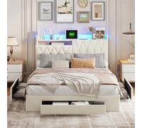 Teahutty Cama tapizada de 140 x 200 cm, con espacio de almacenamiento, cama doble con 3 cajones e iluminación LED, cama funcional con somier y USB, beige, terciopelo, sin colchón (beis, 140 x 200 cm)