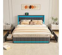 Teahutty Cama tapizada de 140 x 200 cm con somier, cama doble con enchufes e iluminación LED, cama juvenil con 4 cajones, marco de cama de lino, cama de almacenamiento (gris oscuro, 140 x 200 cm)