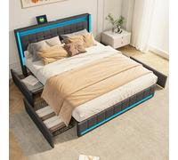Teahutty Cama tapizada de 160 x 200 cm con somier, cama doble con enchufes e iluminación LED, cama juvenil con 4 cajones, marco de cama de lino, cama de almacenamiento (gris oscuro, 160 x 200 cm)