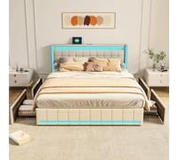 Teahutty Cama tapizada de 160 x 200 cm con somier, cama doble con enchufes e iluminación LED, cama juvenil con 4 cajones, marco de cama de lino, cama de almacenamiento (beige, 160 x 200 cm)
