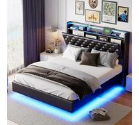 Teahutty Cama tapizada de 160x200 cm, Cama Flotante matrimonial con Toma USB y luz LED, Estructura Cama Adolescentes con Almacenaje Hidráulica, Cabecero Almacenamiento y Base de Láminas