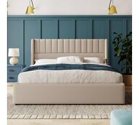 Teahutty Cama tapizada doble de 160 x 200 cm, marco de cama con almacenamiento hidráulico, cama acolchada con somier de láminas, cama juvenil con cabecero, canapé, tela de lino (beige-B, 160 x 200 cm)