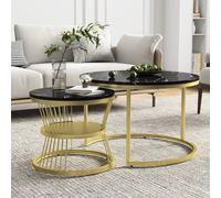 Teahutty Juego de 2 mesas auxiliares redondas, con patas de marco de metal dorado y parte superior con patrón de mármol, mesas auxiliares modernas para uso versátil en sala de estar y dormitorio