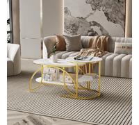 Teahutty Juego de 2 mesas de café, mesas de exposición, mesa auxiliar, mesa auxiliar, mesa de mármol, mesa auxiliar para sofá, mesa de salón pequeña, para salón (blanco + dorado, 80 cm x 46 cm x 45 cm