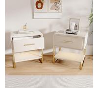 Teahutty Juego de 2 mesitas de noche, color crema, con iluminación LED, cómoda de noche con 1 cajón y compartimentos abiertos, para salón, dormitorio, estudio (crema, 40 x 31 x 50 cm)