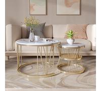 Teahutty Mesas auxiliares redondas, juego de 2 mesas auxiliares extraíbles con parte superior de patrón de mármol, mesa auxiliar apilable con marco de metal para un uso versátil en sala de estar