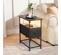 Teahutty Mesita de noche estrecha con LED y estación de carga, mesa auxiliar con enchufe y 1 cajón de tela, mesa de sofá con estante abierto, USB y tipo C, para salón (negro, 60 x 30 x 62 cm)