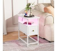Teahutty Mesita de noche estrecha con LED y estación de carga, mesa auxiliar con enchufe y 1 cajón de tela, mesa de sofá con estante abierto, USB y tipo C, para salón (blanco, 60 x 30 x 62 cm)