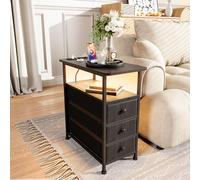 Teahutty Mesita de noche estrecha con LED y estación de carga, mesa auxiliar con enchufe y 3 cajones de tela, mesa de sofá con estante abierto, USB y tipo C, para salón (negro-B, 60 x 30 x 62 cm)