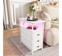 Teahutty Mesita de noche estrecha con LED y estación de carga, mesa auxiliar con enchufe y 3 cajones de tela, mesa de sofá con estante abierto, USB y tipo C, para salón (blanco-B, 60 x 30 x 62 cm)