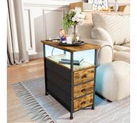 Teahutty Mesita de noche estrecha con LED y estación de carga, mesa auxiliar con enchufe y 3 cajones de tela, mesa de sofá con estante abierto, USB y tipo C, para salón (estampado de leopardo-B, 60 x