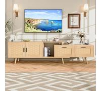 Teahutty Mueble de TV de madera maciza con 2 puertas, 2 cajones, 1 espacio de almacenamiento abierto, decoración de ratán, mueble de TV con patas de madera maciza, para televisores de 65 pulgadas