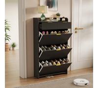 Teahutty - Mueble para zapatos con abatibles, con 3 cajones con solapa y 1 cajón, mueble de madera para zapatos estrechos con estante ajustable, dispositivo antivuelco (negro, 134 x 24 x 78 cm)