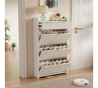 Teahutty - Mueble para zapatos con abatibles, con 3 cajones con solapa y 1 cajón, mueble de madera para zapatos estrechos con estante ajustable, dispositivo antivuelco (blanco, 134 x 24 x 78 cm)