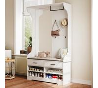 Teahutty Perchero con zapatero, perchero, almacenamiento de zapatos, juego de perchero con 4 ganchos y espejo, perchero de pasillo con barras y estante, elegante perchero compacto (blanco, 104 x 35 x