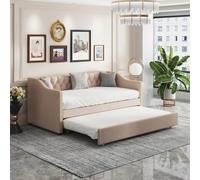 Teahutty Sofá cama extensible 90/180 x 200 cm, sofá cama tapizada con somier, cama nido que ahorra espacio, cama individual y doble, tela de lino, beige, sin colchón