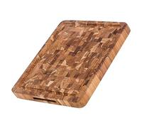 Teakhaus Tabla de cortar de bloque de carnicero, tabla de cortar de grosor medio con ranura para jugo, madera de grano de teca, apta para cuchillos, certificado FSC