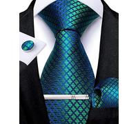 (Teal) - DiBanGu Men's Necktie Solid Silk Tie and Pocket Square Wedding Tie Cufflinks Set Formal