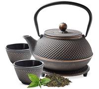 Tealøv Tetera Hierro Fundido 800 ML Set - Servicio DE TÉ Completo de Tetera de Hierro Fundido con Infusor, Tazas de té y Salvamantel - Interno smaltato - Diseño de Estilo Japonés - Negro/Cobre