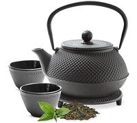 Tealøv TETERA HIERRO FUNDIDO SET - SERVICIO DE TÉ COMPLETO de Tetera de Hierro Fundido con Infusor, Tazas de té y Salvamantel - Interno smaltato - Diseño de Estilo Japonés (ARARE 800 ML SET, Negro)