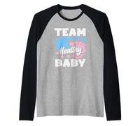 Team Healthy Baby - Fiesta de revelación de género, Color Rosa Neutro y Azul Camiseta Manga Raglan