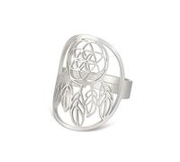 TEAMER Flor de la vida de tamaño variable Anillos Acero inoxidable Om Símbolo Anillo Geometría sagrada Magia Hexagrama Talismán Amuleto Joyería para mujeres niñas (Flor de la Vida Atrapasueños -Plata)