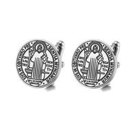 TEAMER Gemelos con el Sello Católico de San Benito Gemelos de San Benito de Acero Inoxidable Amuleto Religioso de la Cruz de Jesús Oración por la Paz Joyería para Hombres y Mujeres (Plata)