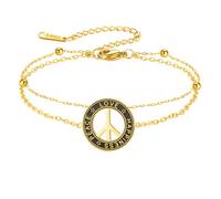 TEAMER Pulsera de acero inoxidable con símbolo de paz, doble capa, cadena de cuentas de paz, amor, felicidad, joyería hippie para mujer, Talla única, Acero inoxidable, No es una piedra preciosa