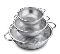 TEAMFAR Juego de 3 coladores de acero inoxidable microperforados con asas, colador para pasta, frutas, arroz, verduras, sanos y pulidos, apto para lavavajillas, 16/22/28 cm