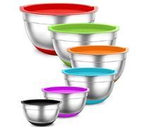 TEAMFAR Juego de 6 cuencos para mezclar, de acero inoxidable, con tapa hermética y bases de silicona, apilables y multifuncionales, aptos para lavavajillas, 0,7L, 1,5L, 1,6L, 2,5L, 2,8L, 4,6L