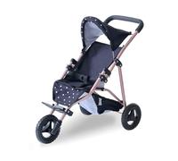 Teamson Kids Cochecito de muñecas Jogging Negro con Lunares Rosas, Capota Ajustable, arnés, Cesta y Mango Suave para Juego de Cuidado