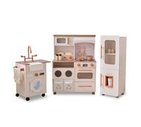 Teamson Kids Cocina XL Deluxe de Madera - Set Modular 3 Piezas Infantil con Nevera, Horno, Fregadero, Lavadora y 21 Accesorios realistas para Juego Educativo