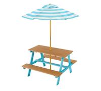 Teamson Kids Dakota - Mesa de Picnic de Madera con sombrilla a Rayas - Mesa de Juegos y Bancos para jardín al Aire Libre para niños, Color Azul