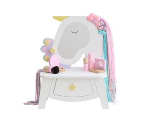 Teamson Kids Dreamy Unicorn - Juego de tocador con Espejo, Ganchos de Estrella, Almacenamiento de cajones, Cabello Suave y 5 Accesorios de Maquillaje de simulación para Juegos de Disfraces