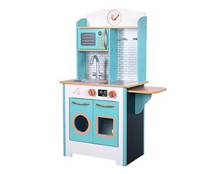 Teamson Kids Little Chef Juego de Cocina de Madera Retro pequeño para Juegos de simulación con características interactivas y 7 Accesorios para Juegos de rol Azul/Blanco TD-13629A