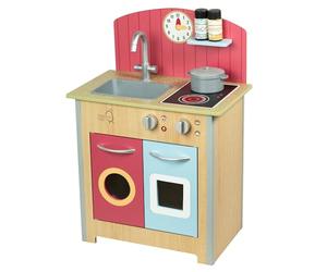Teamson Kids Little Chef Porto Classic Juego de Cocina de Madera pequeño con Funciones interactivas y 4 Accesorios de Cocina de Juego de simulación Rojo/Natural TD-13595A