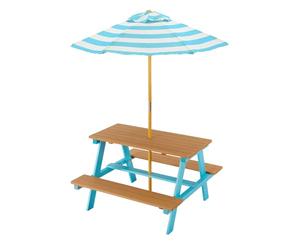 Teamson Kids Mesa de Picnic de Madera Dakota con Parasol a Rayas - Mesa y Bancos de Exterior para niños, Azul