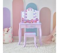 Teamson Kids Stardust Print Gisele - Tocador mediano con luces LED y espejo con sensor táctil, cajón de almacenamiento para juegos de simulación de niños, elegante juego de tocador morado con taburete