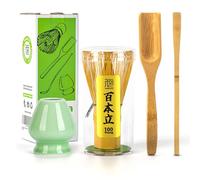 TEANAGOO 4 Piezas Te Matcha Kit, Batidor de Matcha (Chasen), Cuchara de Bambú (Chashaku), Cuchara para Té, Soporte para Batidor de Celadón Verde,TG-I1, El Set Perfecto para