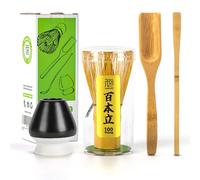 TEANAGOO 4 Piezas Te Matcha Kit, Batidor de Matcha (Chasen), Cuchara Tradicional (Chashaku), Cuchara para Té, Soporte para Batidor Negro Mate,I4, El Set Perfecto para