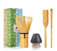 TEANAGOO Accesorio para la Ceremonia Japonesa del Matcha, Batidor de Matcha (Chasen), Cuchara Tradicional (Chashaku), Cuchara para Té, Soporte para Batidor Negro Mate,I4, El Set Perfecto para