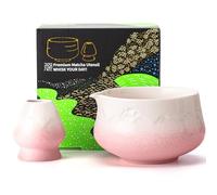 TEANAGOO Cuenco para matcha con boquilla, 2 cuencos de cerámica con diseño Fuji y soporte para batidor (chawan), cuenco rosa de 560 ml con soporte, juego de regalo para amigos/familiares